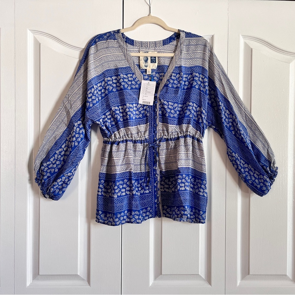 NWT Anthropologie Edme & Esyllte blue and white silk blouse shirt size 6